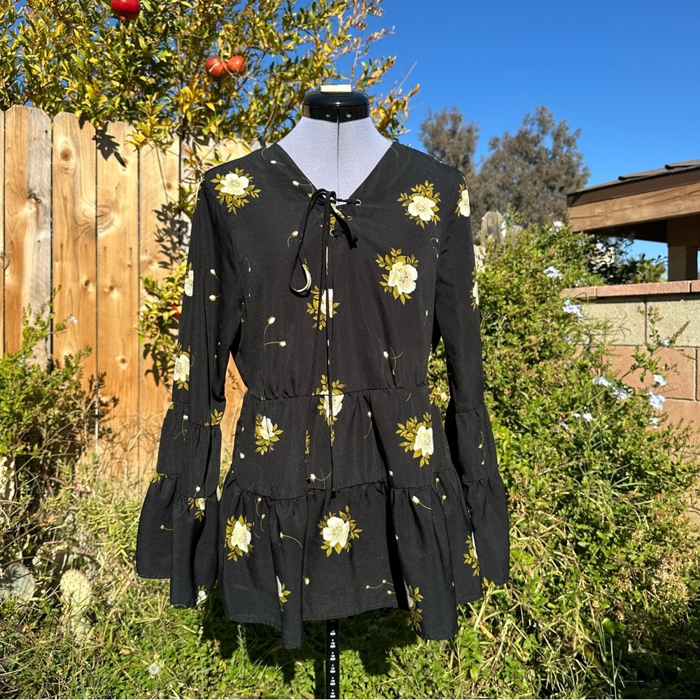 Available by Angela Fashion Ruffled Cottagecore Floral Tie Up Long Sleeve Blouse